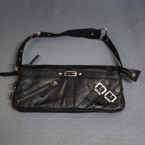 Guess vintage shoulder bag purse leather black w brn animal print lining buckles